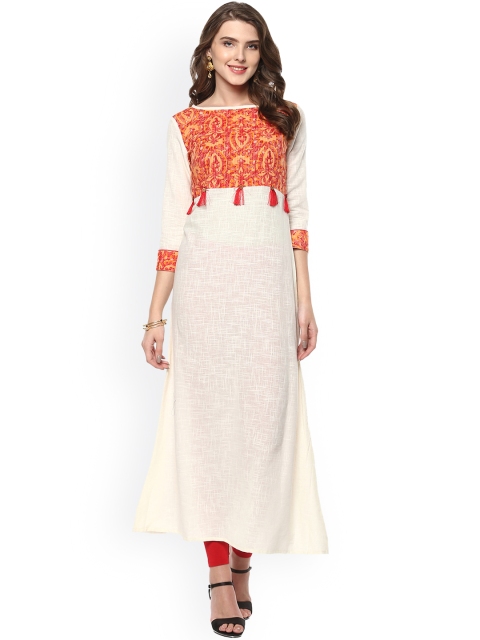 

Janasya Women Cream-Coloured Woven Design A-Line Kurta