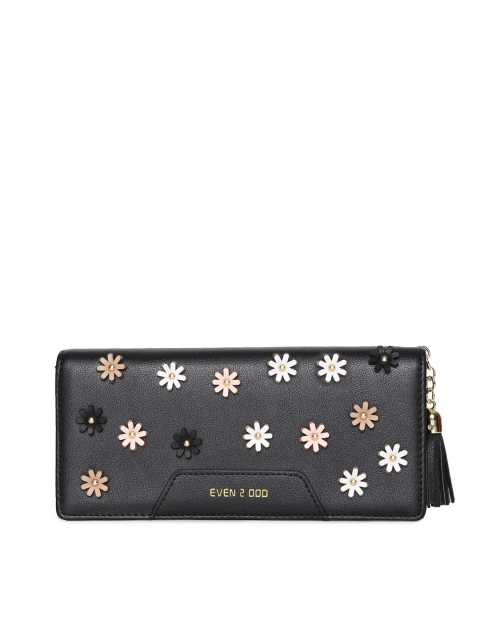 

E2O Women Black Floral Applique Two Fold Wallet