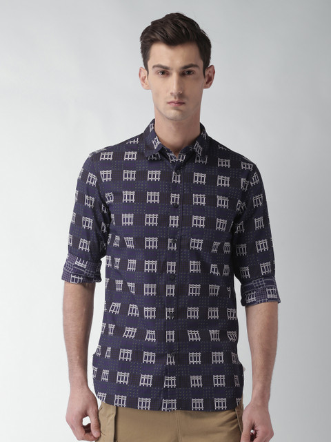 

SHELTR Men Navy Blue Smart Slim Fit Printed Casual Shirt