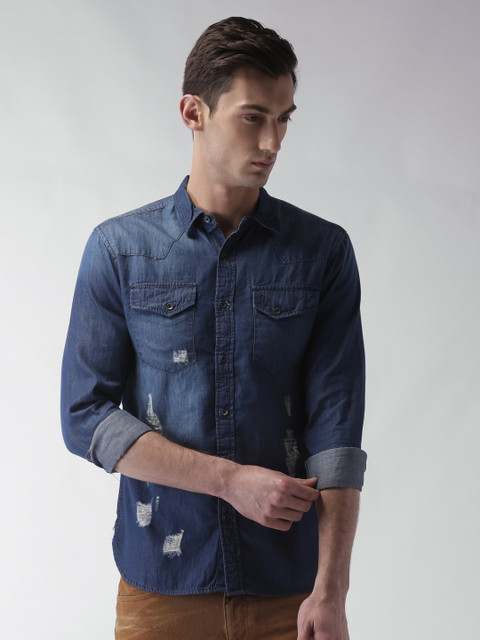 

SHELTR Men Blue Smart Slim Fit Faded Casual Shirt