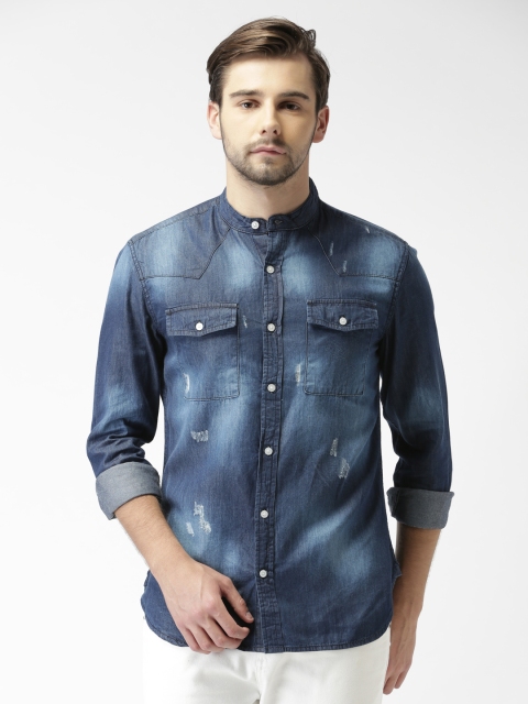

SHELTR Men Blue Smart Slim Fit Faded Casual Shirt
