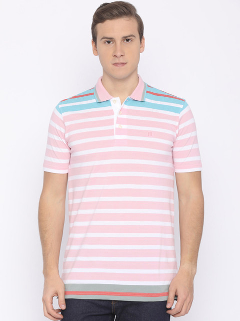 

Raymond Men Pink & White Striped Polo Collar T-shirt