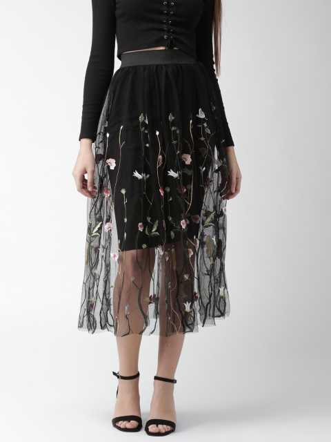 

FOREVER 21 Black Embroidered A-Line Midi Skirt
