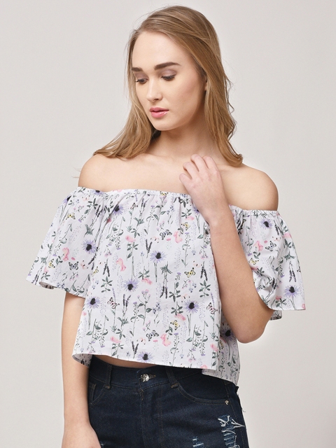 

STREET 9 Women Off-White & Blue Floral Print Bardot Pure Cotton Top