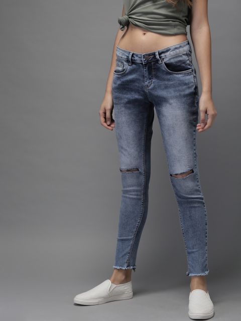 

HERE&NOW Women Blue Skinny Fit Mid-Rise Slash Knee Stretchable Cropped Jeans