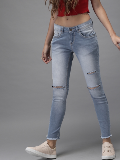 

HERE&NOW Women Blue Skinny Fit Mid-Rise Slash Knee Stretchable Cropped Jeans