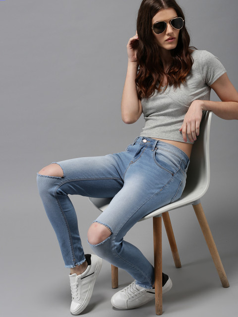 

HERE&NOW Women Blue Cropped Skinny Fit Mid-Rise Slash Knee Stretchable Jeans