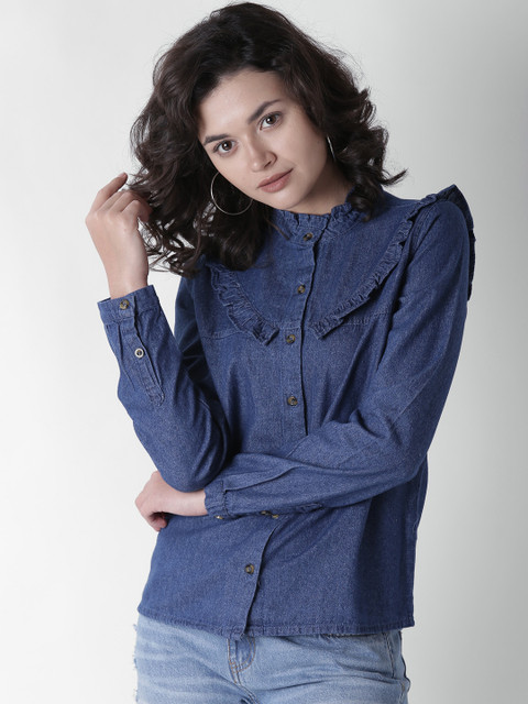 

FOREVER 21 Women Blue Solid Denim Shirt