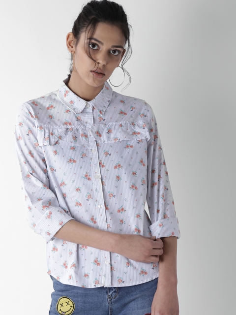 

FOREVER 21 Women White & Orange Regular Fit Printed Casual Shirt