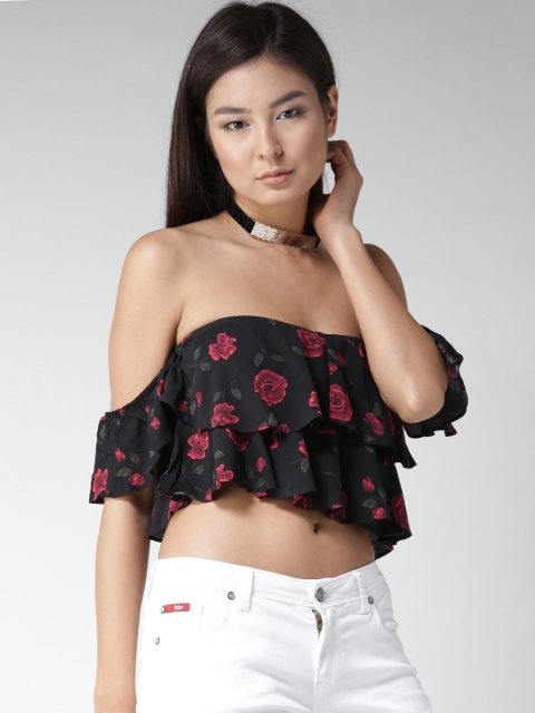 

FOREVER 21 Women Black & Red Printed Tube Crop Top