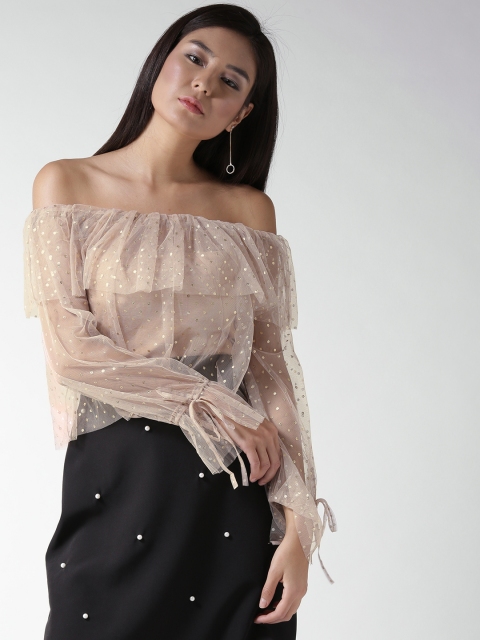 

FOREVER 21 Women Beige Printed Layered Sheer Bardot Top