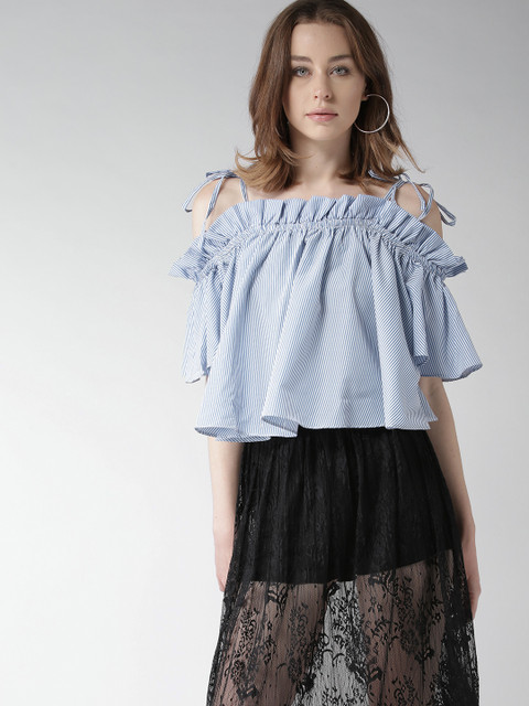 

FOREVER 21 Women Blue & White Striped Bardot Top