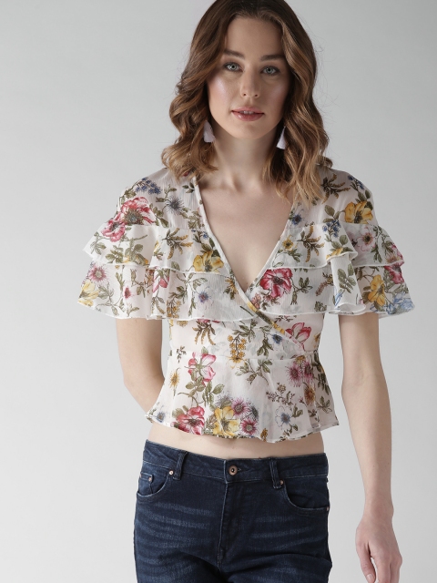

FOREVER 21 Women Off-White Floral Print Crop Top