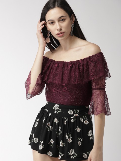 

FOREVER 21 Women Burgundy Lace Bardot Top