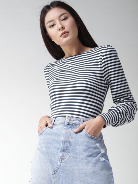 

FOREVER 21 Women Navy & White Striped Fitted Top, Navy blue