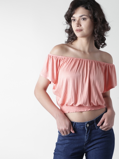 

FOREVER 21 Women Peach-Coloured Solid Crop Bardot Top