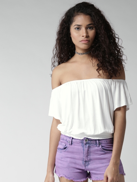 

FOREVER 21 Women White Solid Bardot Top