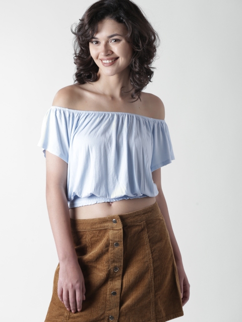 

FOREVER 21 Women Blue Solid Crop Bardot Top