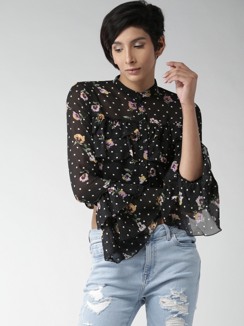 

FOREVER 21 Women Black & Off-White Printed Shirt Style Crop Top