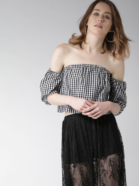 

FOREVER 21 Women Black & White Checked Bardot Top