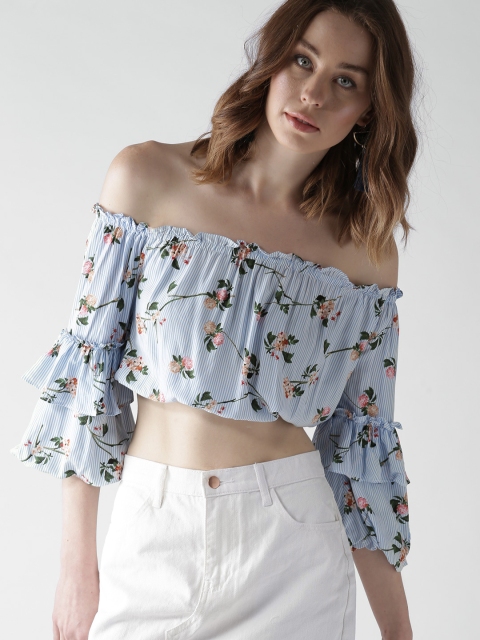 

FOREVER 21 Women Blue & White Printed Crop Bardot Top