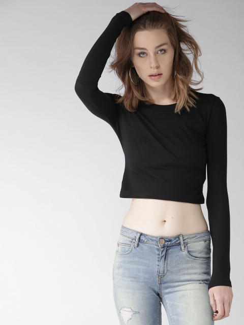 

FOREVER 21 Women Black Solid Round Neck Crop T-shirt