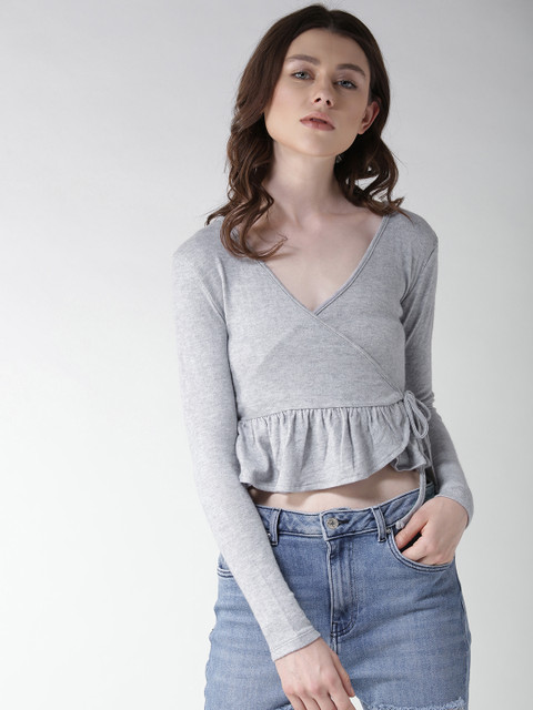 

FOREVER 21 Women Grey Melange Solid Crop Wrap Top