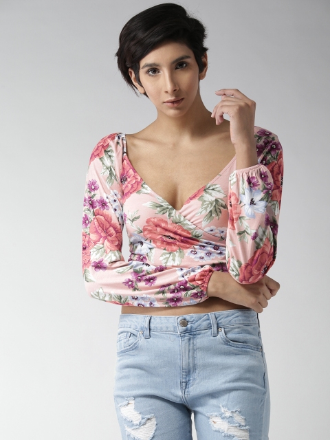 

FOREVER 21 Women Pink Printed Crop Wrap Top