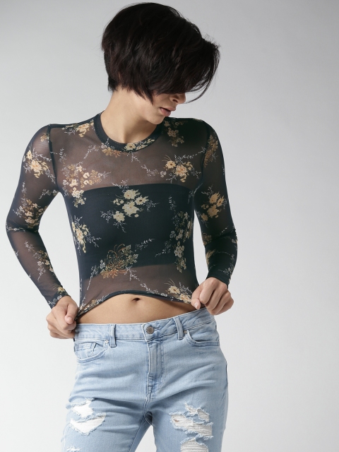 

FOREVER 21 Women Navy & Yellow Printed Net Fitted Crop Top, Navy blue