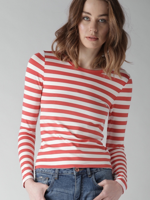 

FOREVER 21 Women Off-White & Red Striped Round Neck T-shirt