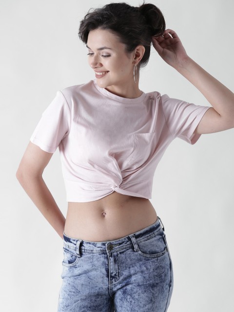 

FOREVER 21 Women Pink Solid Crop Top with Gathers