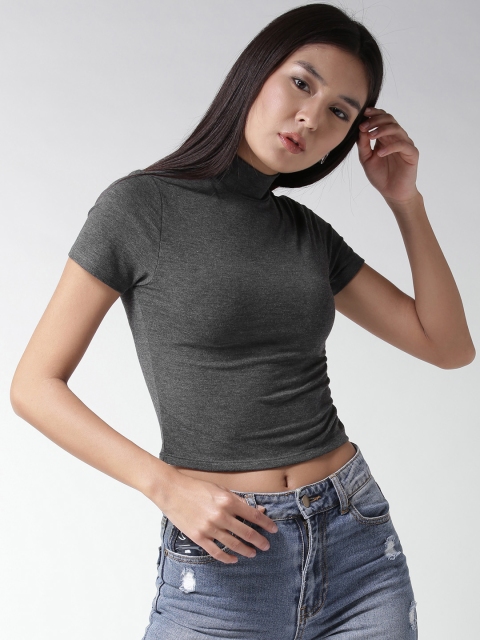 

FOREVER 21 Women Charcoal Solid Fitted Crop Top