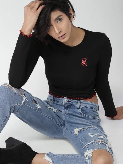 

FOREVER 21 Women Black Solid Crop Fitted Top