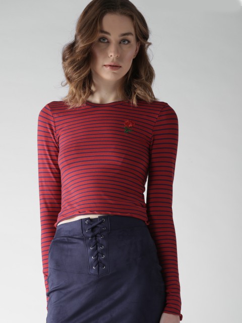 

FOREVER 21 Women Red & Navy Striped Fitted Crop Top