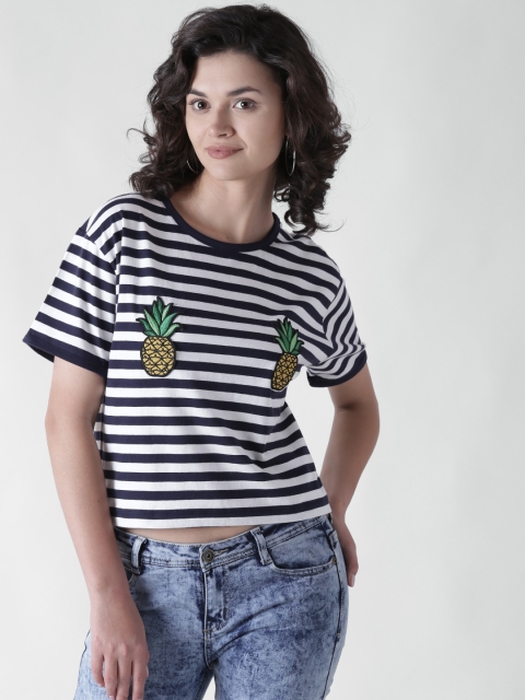 

FOREVER 21 Women Navy Blue Striped T-shirt