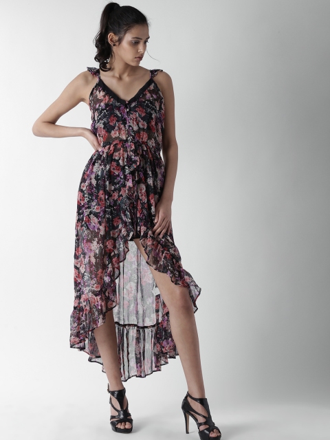 

FOREVER 21 Women Black & Pink Floral Print Midi High-Low Fit & Flare Dress