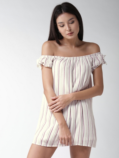

FOREVER 21 Women White & Burgundy Striped Off-Shoulder A-Line Dress