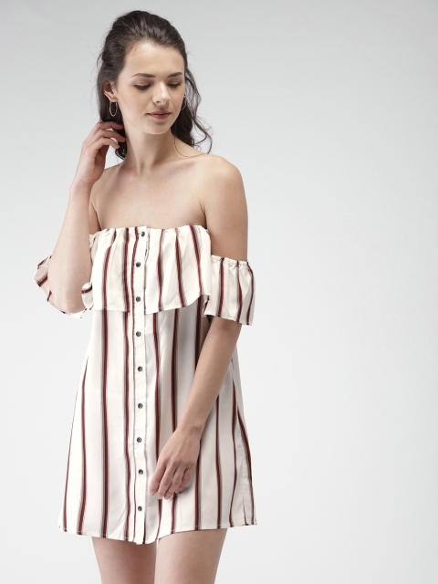 

FOREVER 21 Women Off-White & Maroon Striped Off-Shoulder A-Line Dress