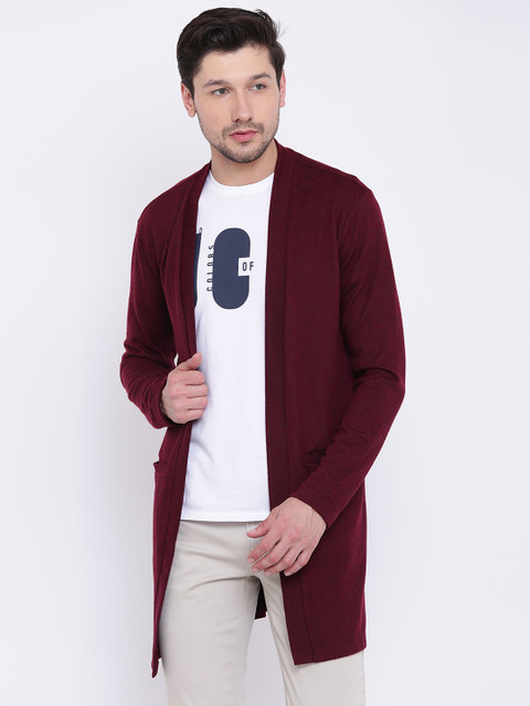

FOREVER 21 Men Burgundy Solid Front-Open Longline Cardigan