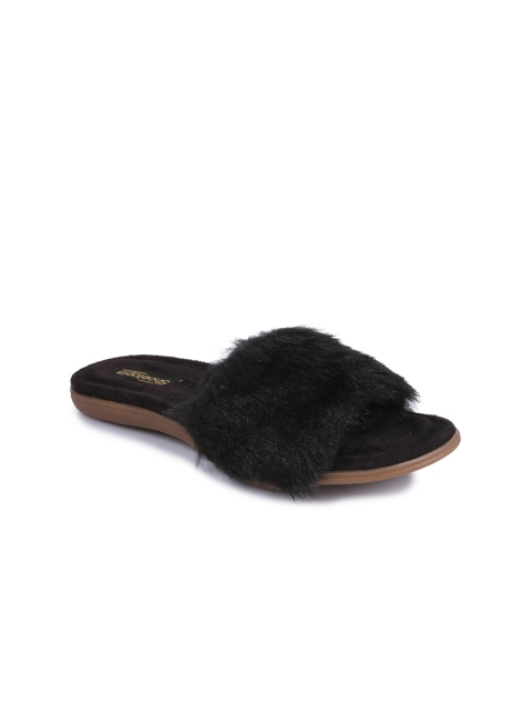 

Shoetopia Women Black Fur Detail Open Toe Flats