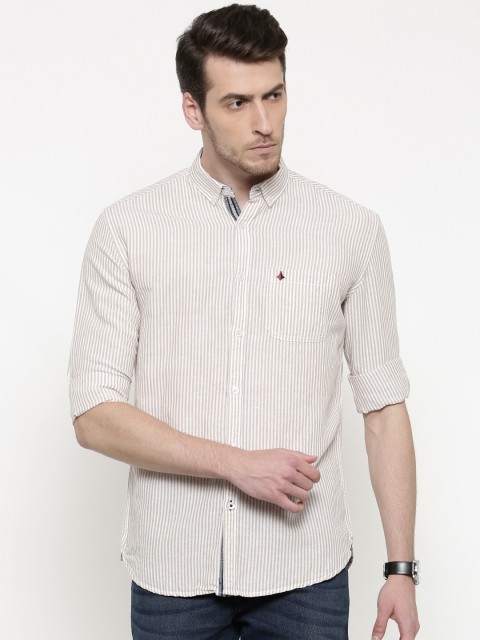 

British Club Men Beige & White Slim Fit Striped Casual Shirt