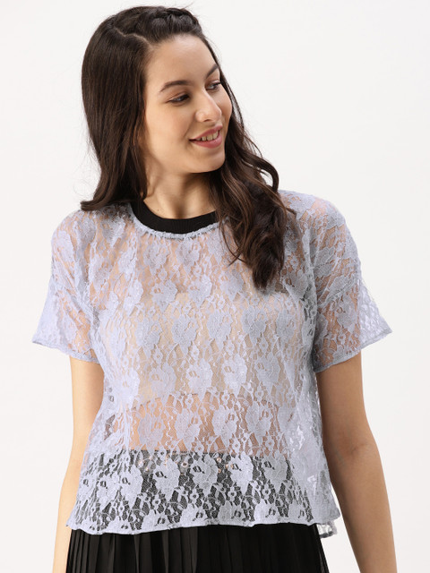 

DressBerry Women Purple Self Design Sheer Top