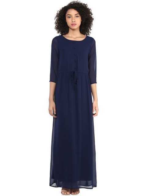

Harpa Women Navy Blue Solid Georgette Maxi Dress with Gathers