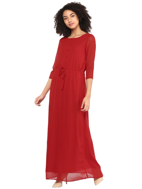 

Harpa Women Red Solid Georgette Maxi Dress with Gathers