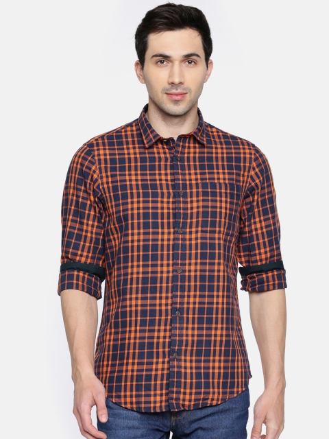 

Arrow Blue Jean Co. Men Navy Blue & Orange Slim Fit Checked Casual Shirt