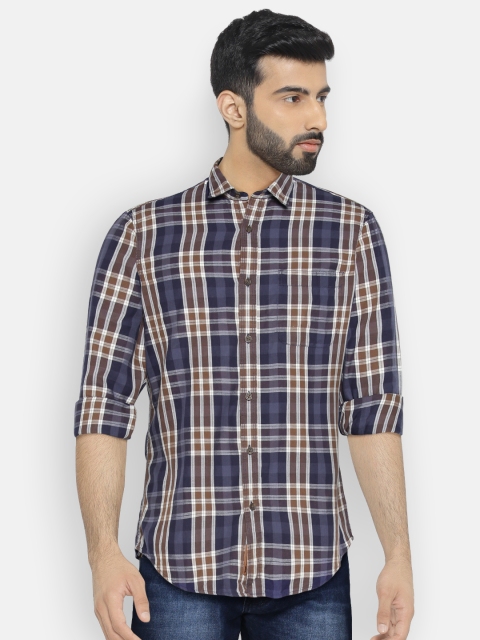 

Arrow Blue Jean Co. Men Navy Blue & Brown Slim Fit Checked Casual Shirt