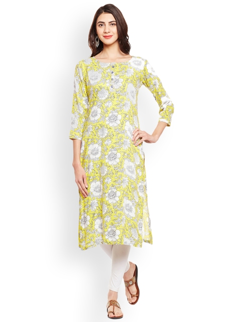 

Tissu Women Yellow & White Printed A-Line Kurta