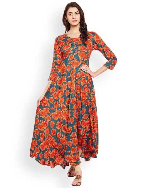 

Tissu Women Green & Orange Printed A-Line Kurta