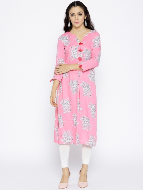 

Tissu Women Pink & White Floral Print A-Line Kurta
