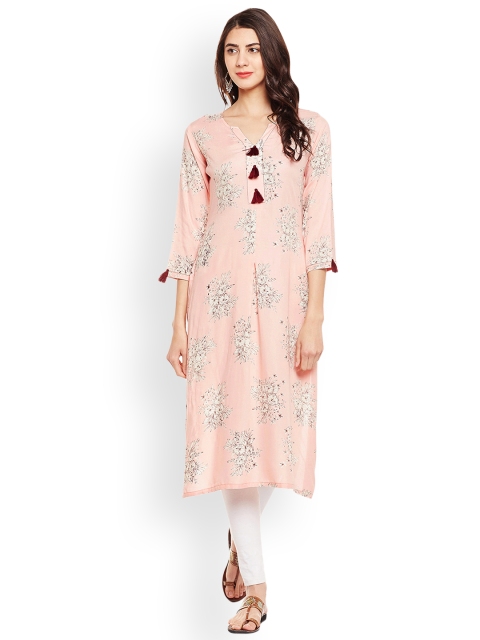 

Tissu Women Peach-Coloured Printed A-Line Kurta